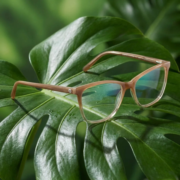 Lentes ópticos Sofia Amarillo entre hojas botánicas naturales diseño sustentable Bonoboss #editorial_sustentabilidad #color_amarillo