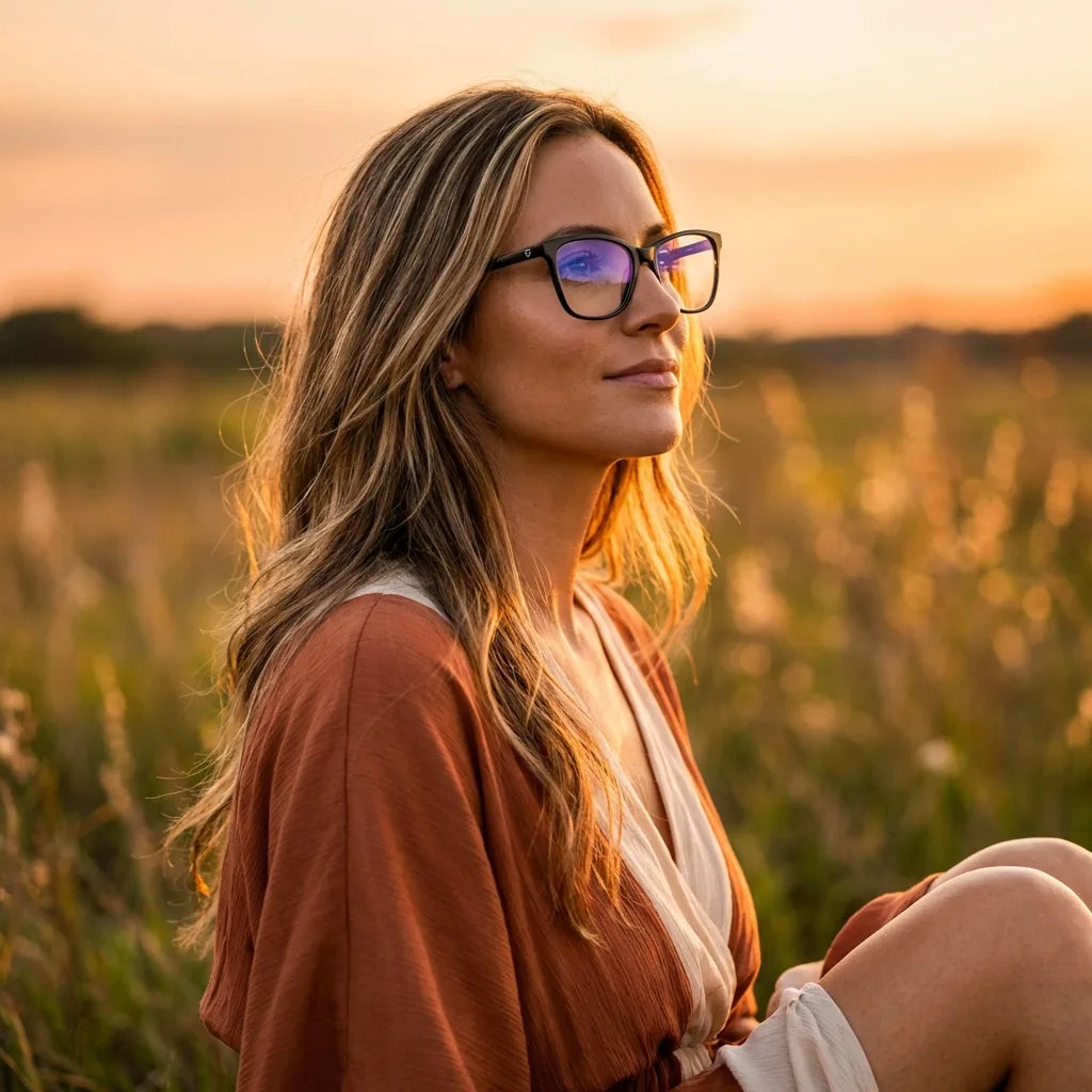 Lentes ópticos Sofia Negro mujer en luz dorada golden hour elegante Bonoboss #editorial_lifestyle2 #color_negro