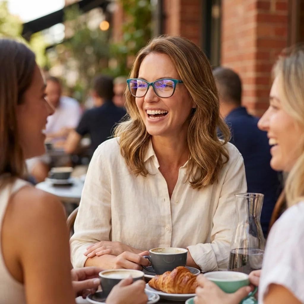 Lentes ópticos Sofia Verde mujer en café con amigas ambiente social Bonoboss #editorial_lifestyle1 #color_verde