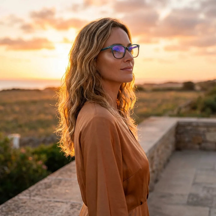 Lentes ópticos Sofia Verde mujer en luz dorada golden hour elegante Bonoboss #editorial_lifestyle2 #color_verde