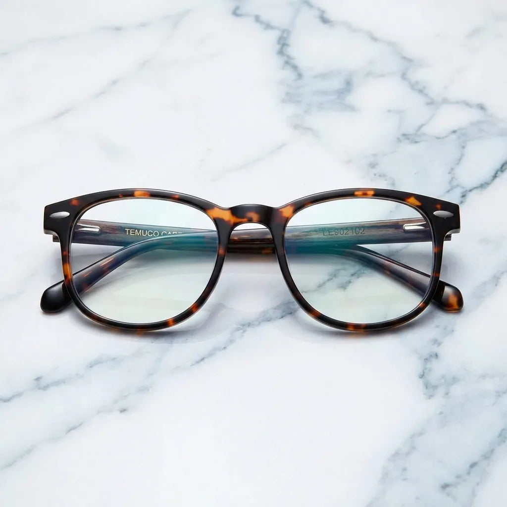 Lentes ópticos Temuco Carey Carey sobre mármol blanco elegante armazón premium Bonoboss #editorial_armazon #color_carey