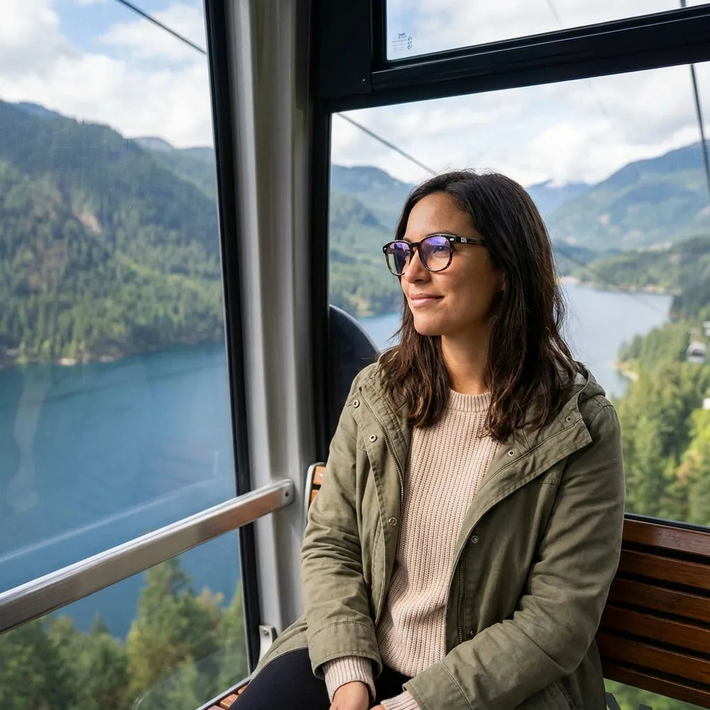 Lentes ópticos Temuco Carey Carey modelo en teleférico con vista a lago Bonoboss #editorial_lifestyle1 #color_carey