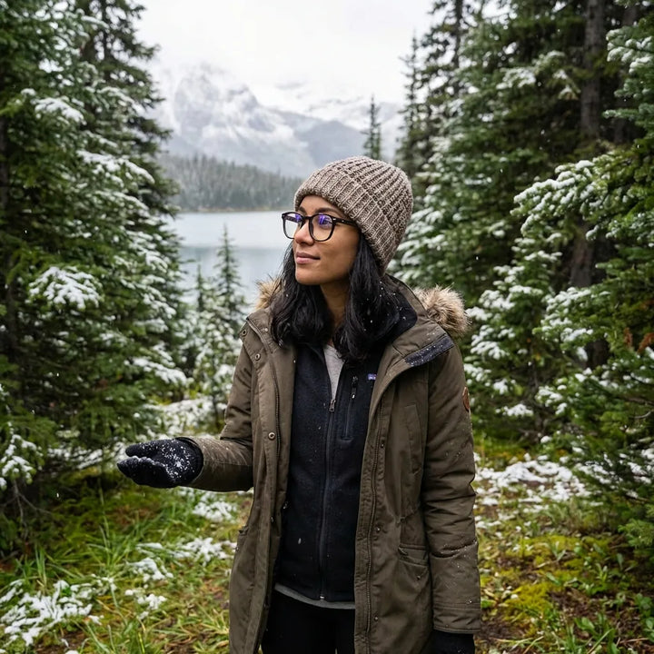Lentes ópticos Temuco Carey Negro modelo con gorro en bosque nevado invernal Bonoboss #editorial_lifestyle1 #color_negro