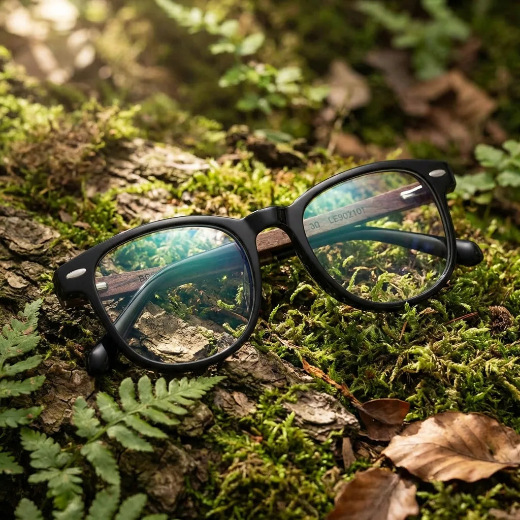 Lentes ópticos Temuco Carey Negro en bosque verde natural diseño sustentable Bonoboss #editorial_sustentabilidad #color_negro