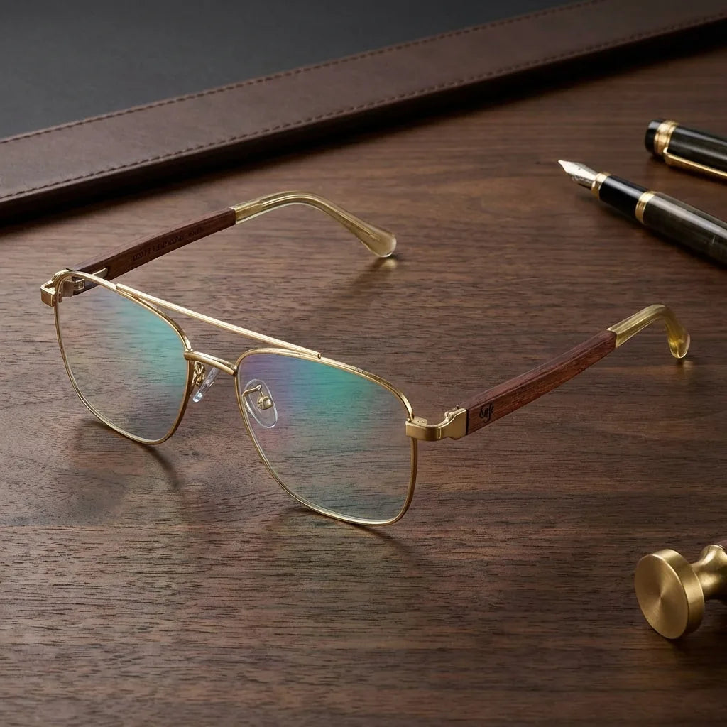 Lentes ópticos Tito Dorado sobre escritorio de madera premium calidad premium receta Bonoboss #editorial_banner_confianza #color_dorado