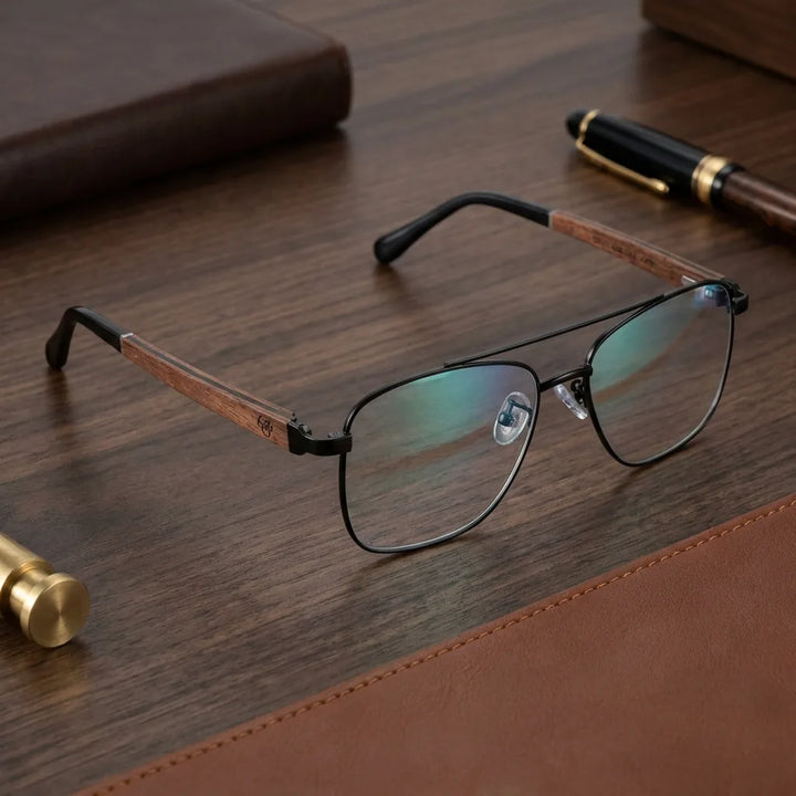 Lentes ópticos Tito Negro sobre escritorio de madera premium calidad premium receta Bonoboss #editorial_banner_confianza #color_negro