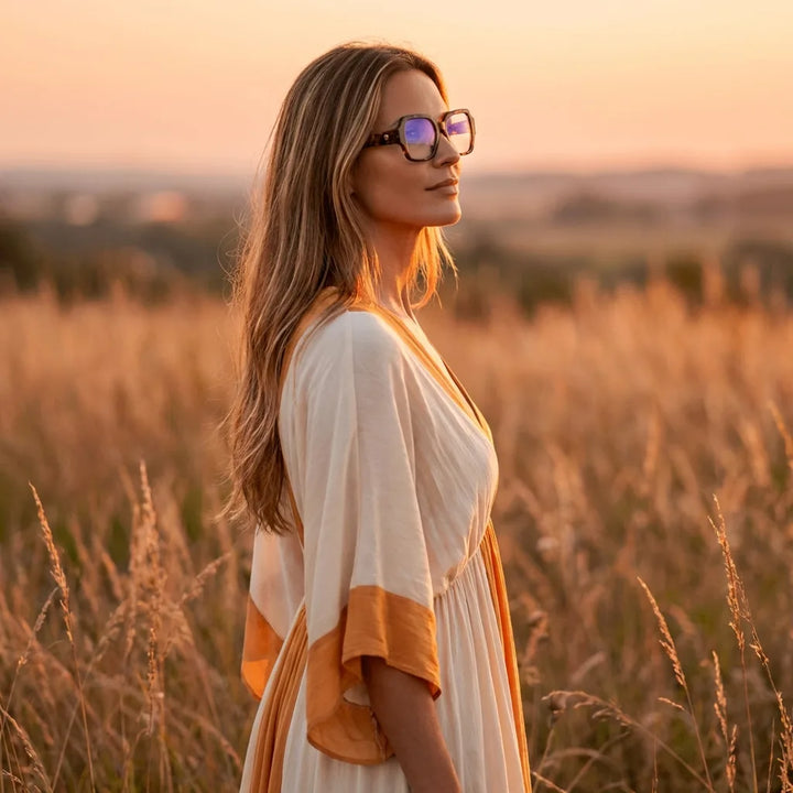 Lentes ópticos Venus Carey mujer en luz dorada golden hour elegante Bonoboss #editorial_lifestyle2 #color_carey