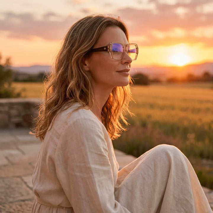 Lentes ópticos Venus Pink Havana mujer en luz dorada golden hour elegante Bonoboss #editorial_lifestyle1 #color_pink-havana