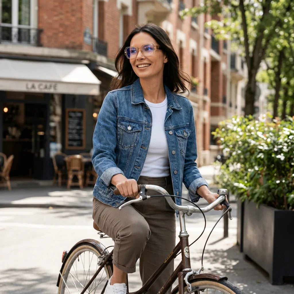 Lentes ópticos Venus Pink Havana mujer en bicicleta vintage café urbano Bonoboss #editorial_lifestyle2 #color_pink-havana