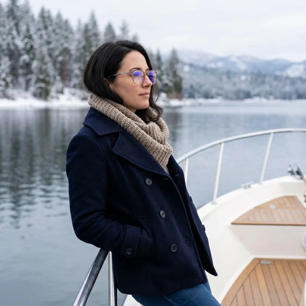 Lentes ópticos Waimea Steel Optic Blonde Crystal modelo en barco lago con bosque nevado Bonoboss #editorial_lifestyle2 #color_blonde-crystal