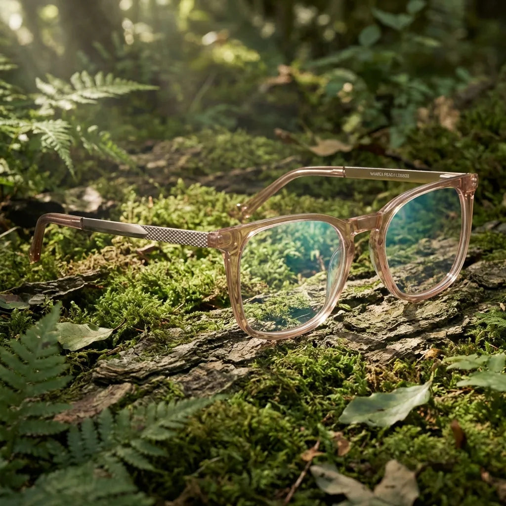 Lentes ópticos Waimea Steel Optic Blonde Crystal en bosque verde natural diseño sustentable Bonoboss #editorial_sustentabilidad #color_blonde-crystal
