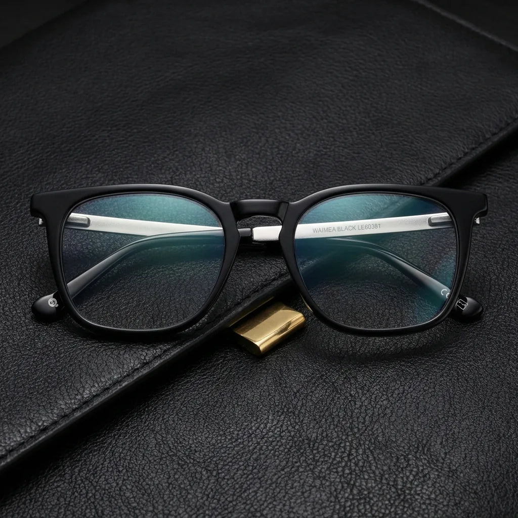 Lentes ópticos Waimea Steel Optic Negro sobre cuero negro con detalle brass dorado calidad premium receta Bonoboss #editorial_banner_confianza #color_negro