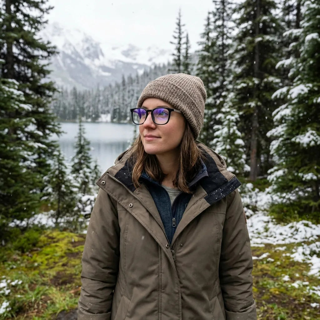 Lentes ópticos Waimea Steel Optic Negro modelo con gorro en bosque nevado invernal Bonoboss #editorial_lifestyle1 #color_negro