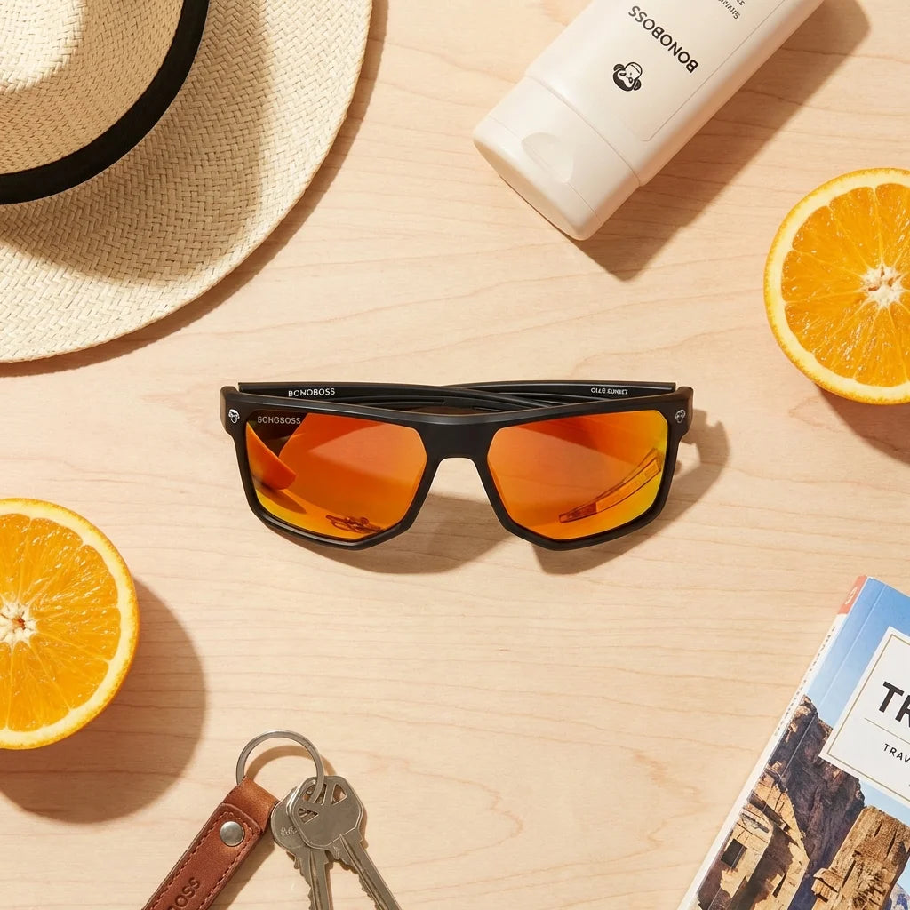 Lentes sol Ollie polarizados UV400 Espejado Naranjo detalle flat lay composición Bonoboss #editorial_detail2 #color_espejado-naranjo