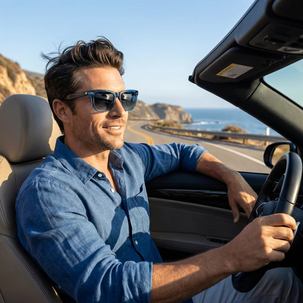Hombre usando lentes sol Valencia acetato polarizados azul conduciendo ruta costera reduce reflejos Bonoboss #editorial_banner #color_azul