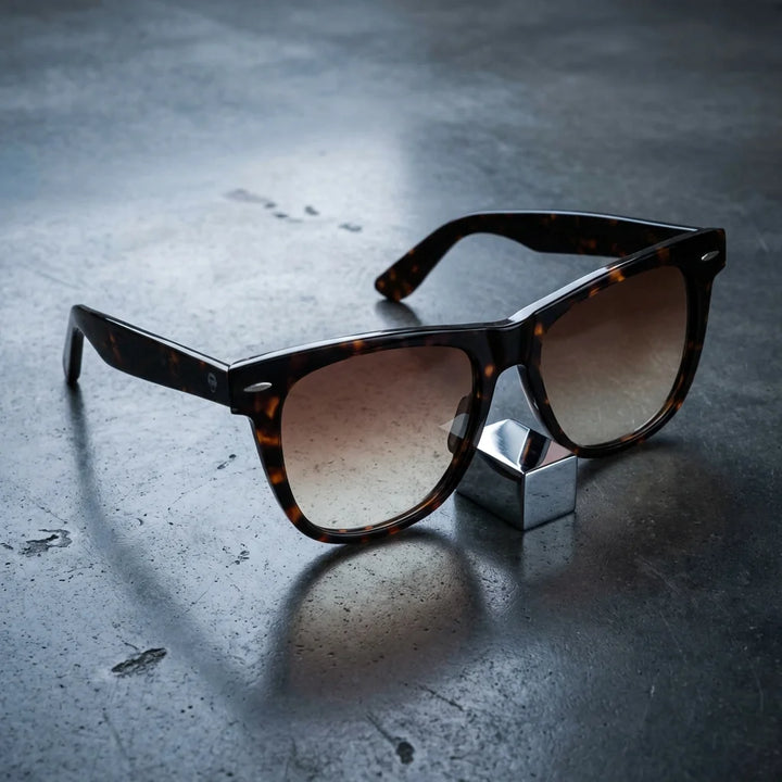 Lentes sol Valencia polarizados UV400 acetato wayfarer carey sobre concreto urbano tonos calidos ciudad Bonoboss #editorial_polarizado #color_carey