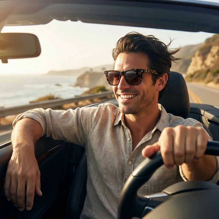 Hombre usando lentes sol Valencia acetato polarizados carey conduciendo ruta costera estilo clasico Bonoboss #editorial_banner #color_carey