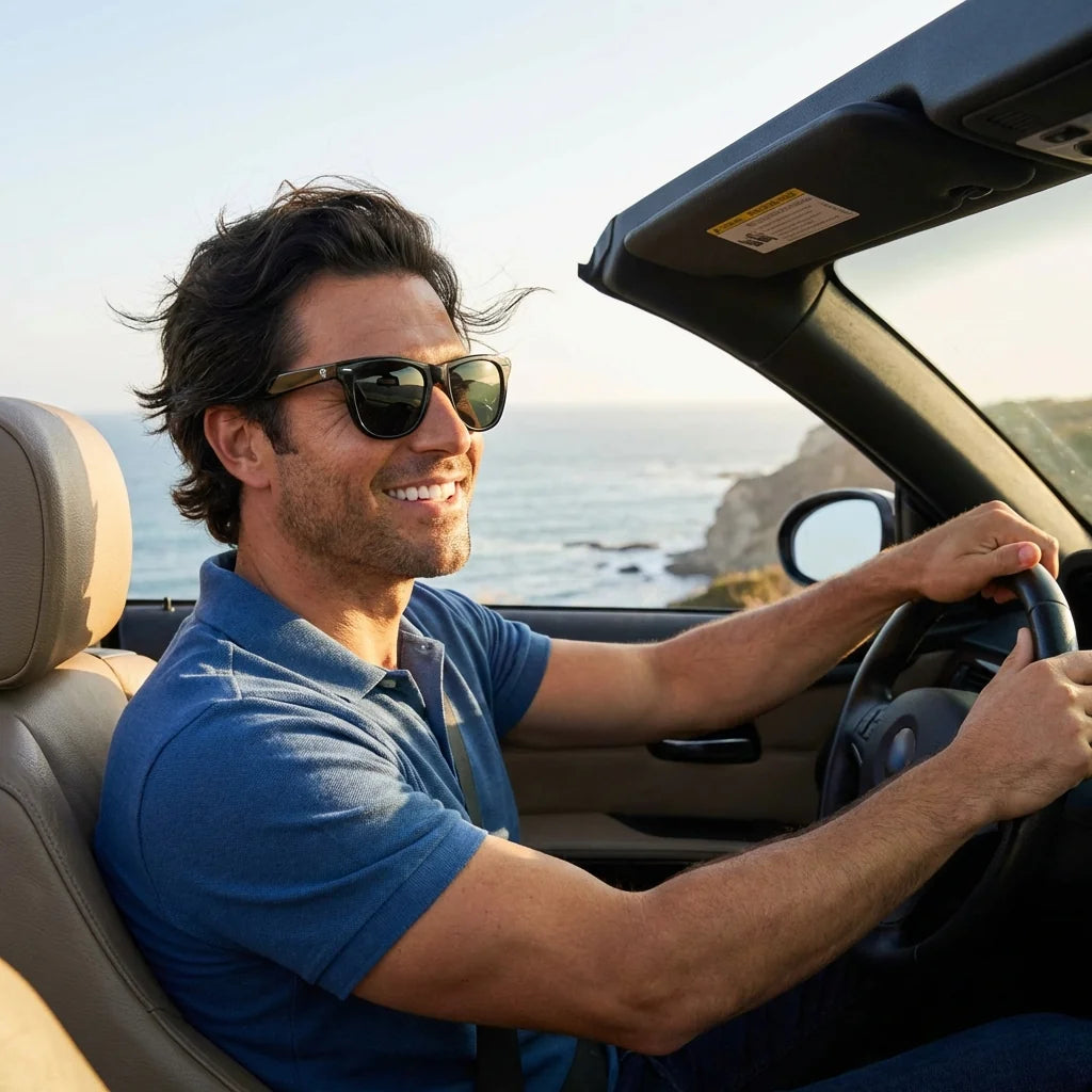 Hombre usando lentes sol Valencia acetato polarizados negro conduciendo ruta costera proteccion solar Bonoboss #editorial_banner #color_negro