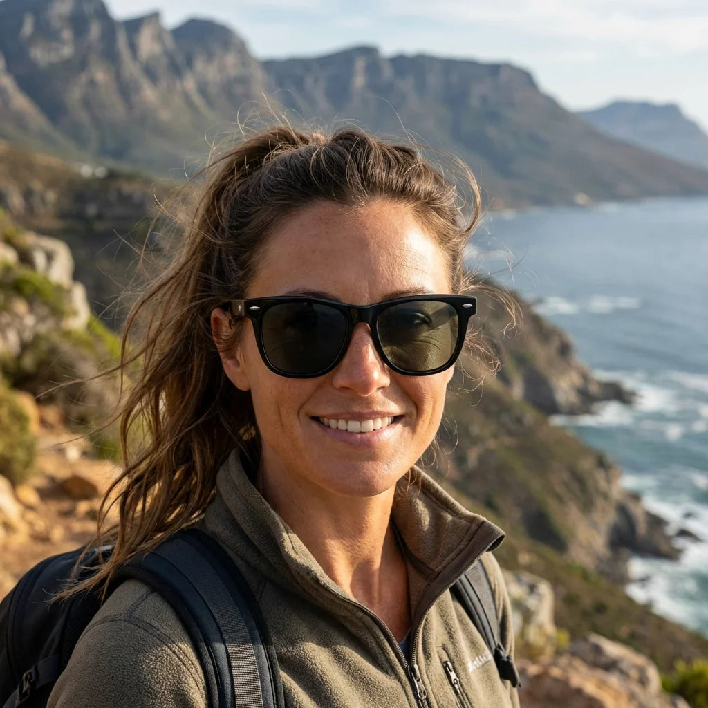 Mujer usando lentes sol Valencia acetato polarizados negro aventura outdoor naturaleza proteccion UV400 Bonoboss #editorial_sustentabilidad #color_negro