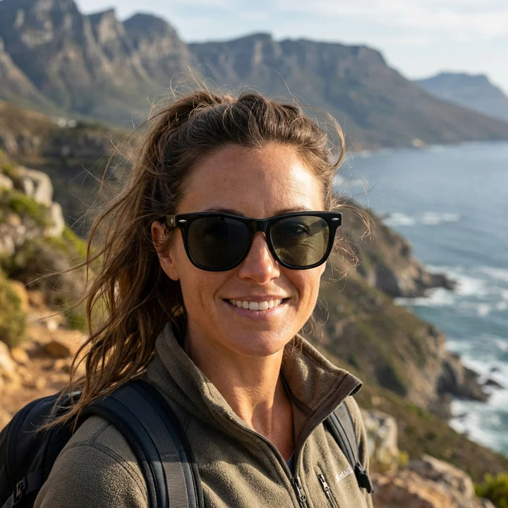 Mujer usando lentes sol Valencia acetato polarizados negro aventura outdoor naturaleza proteccion UV400 Bonoboss #editorial_sustentabilidad #color_negro