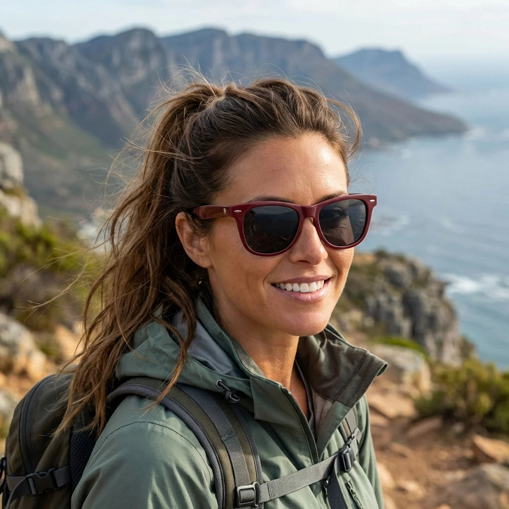 Mujer usando lentes sol Valencia acetato polarizados rojo aventura outdoor naturaleza estilo audaz Bonoboss #editorial_sustentabilidad #color_rojo