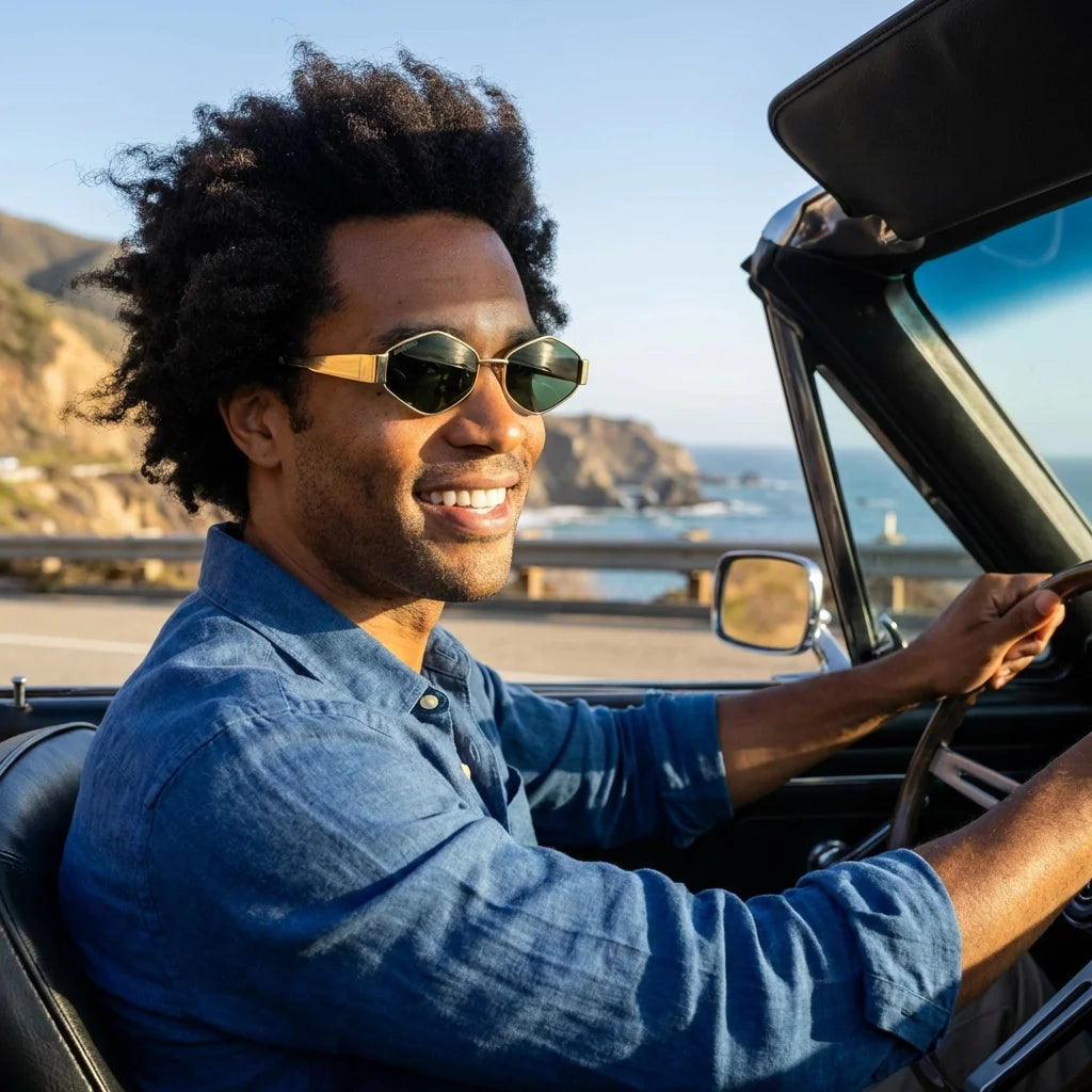 Hombre usando lentes sol Valkyrie acero inoxidable polarizados lente G15 verde conduciendo mejora contraste Bonoboss #editorial_banner #color_g15