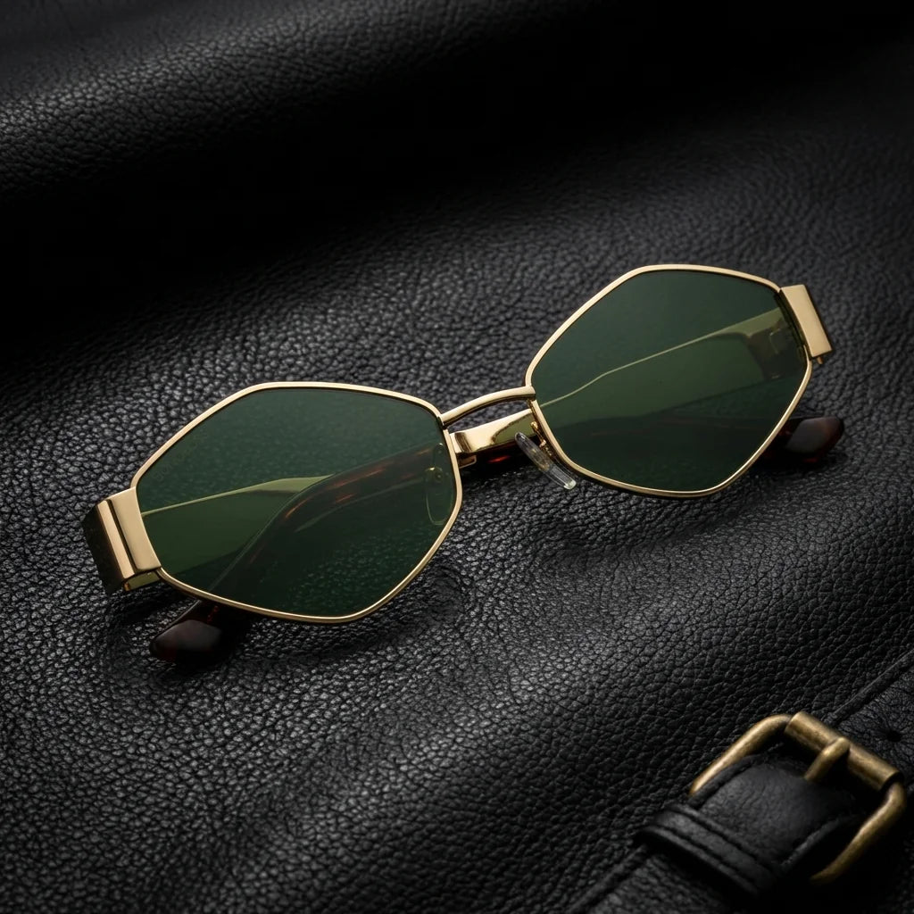 Lentes sol Valkyrie polarizados UV400 acero inoxidable geometric lente G15 verde sobre cuero y brass premium Bonoboss #editorial_grid1 #color_g15