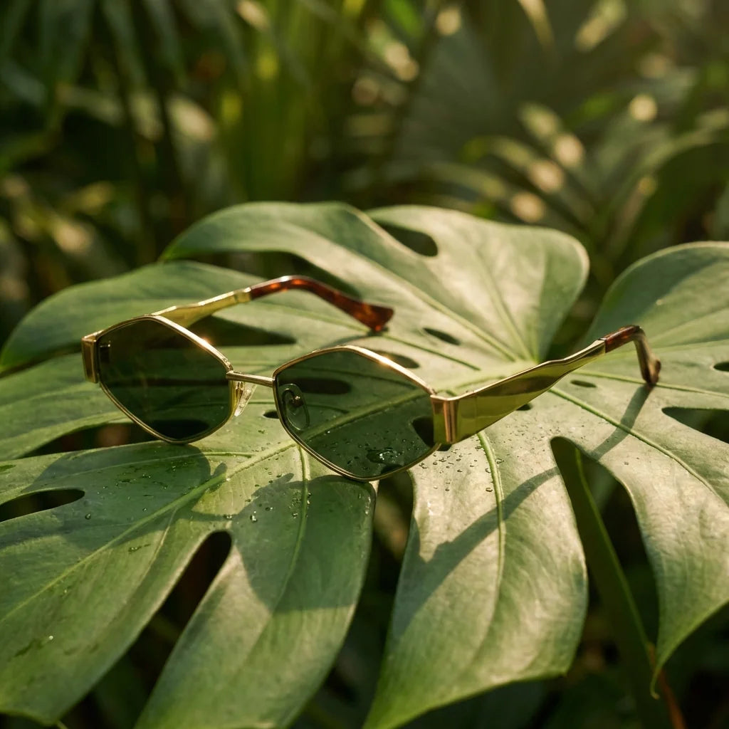 Lentes sol Valkyrie polarizados acero inoxidable geometric lente G15 verde sobre hojas tropicales botanico Bonoboss #editorial_grid2 #color_g15