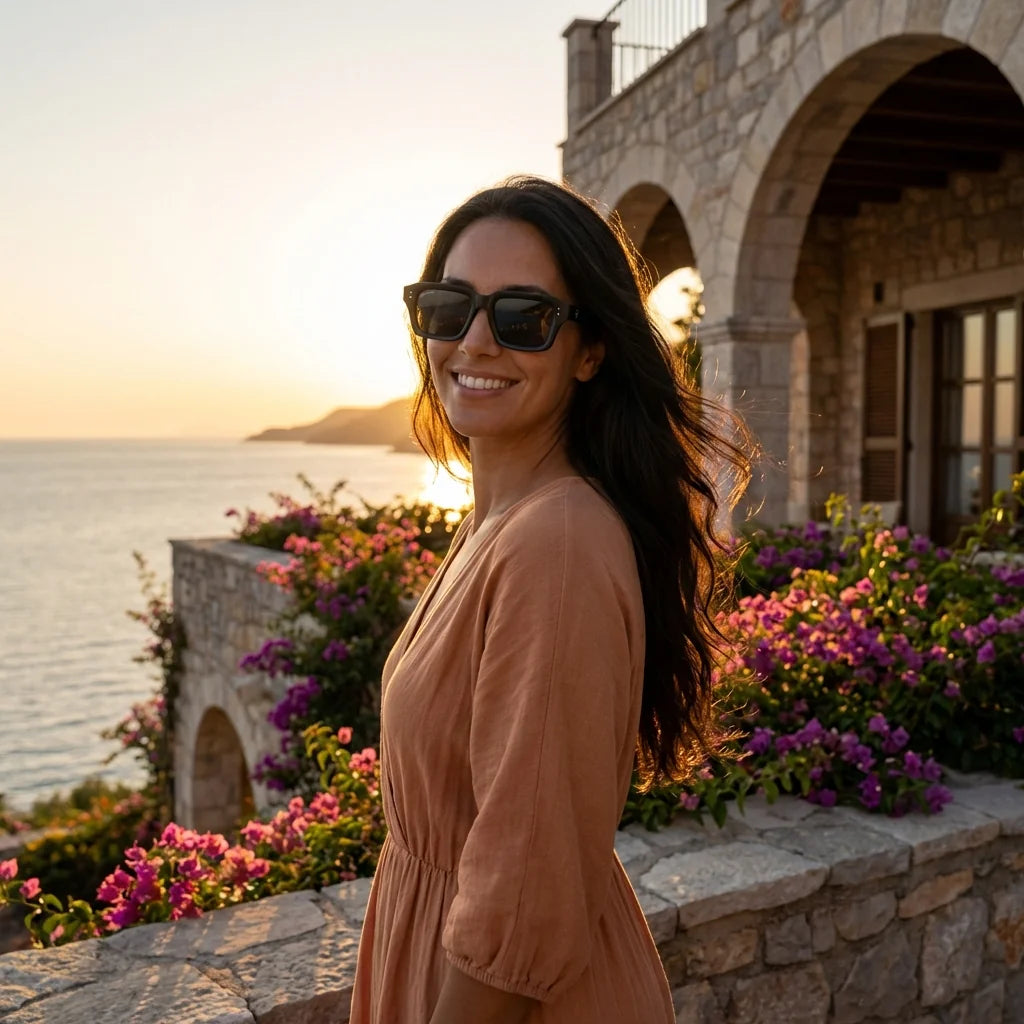 Mujer usando lentes sol Verona RPET reciclado del oceano polarizados dark atardecer golden hour sofisticada Bonoboss #editorial_banner #color_dark