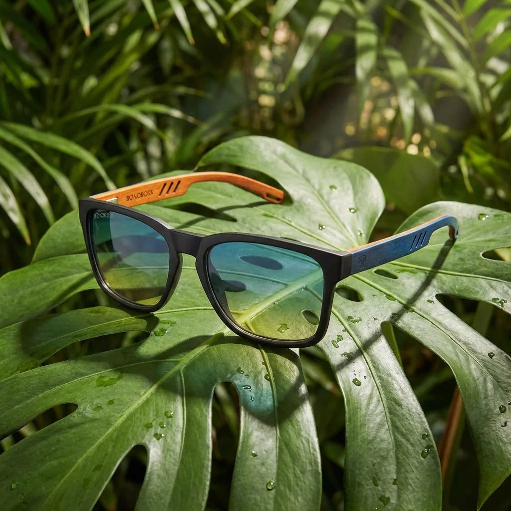 Lentes sol Waimea polarizados UV400 lente degrade azul entre hojas tropicales botanico naturaleza verde Bonoboss #editorial_banner #color_degrade-azul
