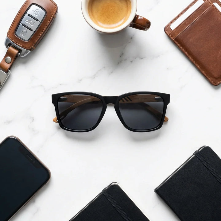 Lentes sol Waimea polarizados negro composicion urban kit look urbano diario accesorio esencial Bonoboss #editorial_sustentabilidad #color_negro