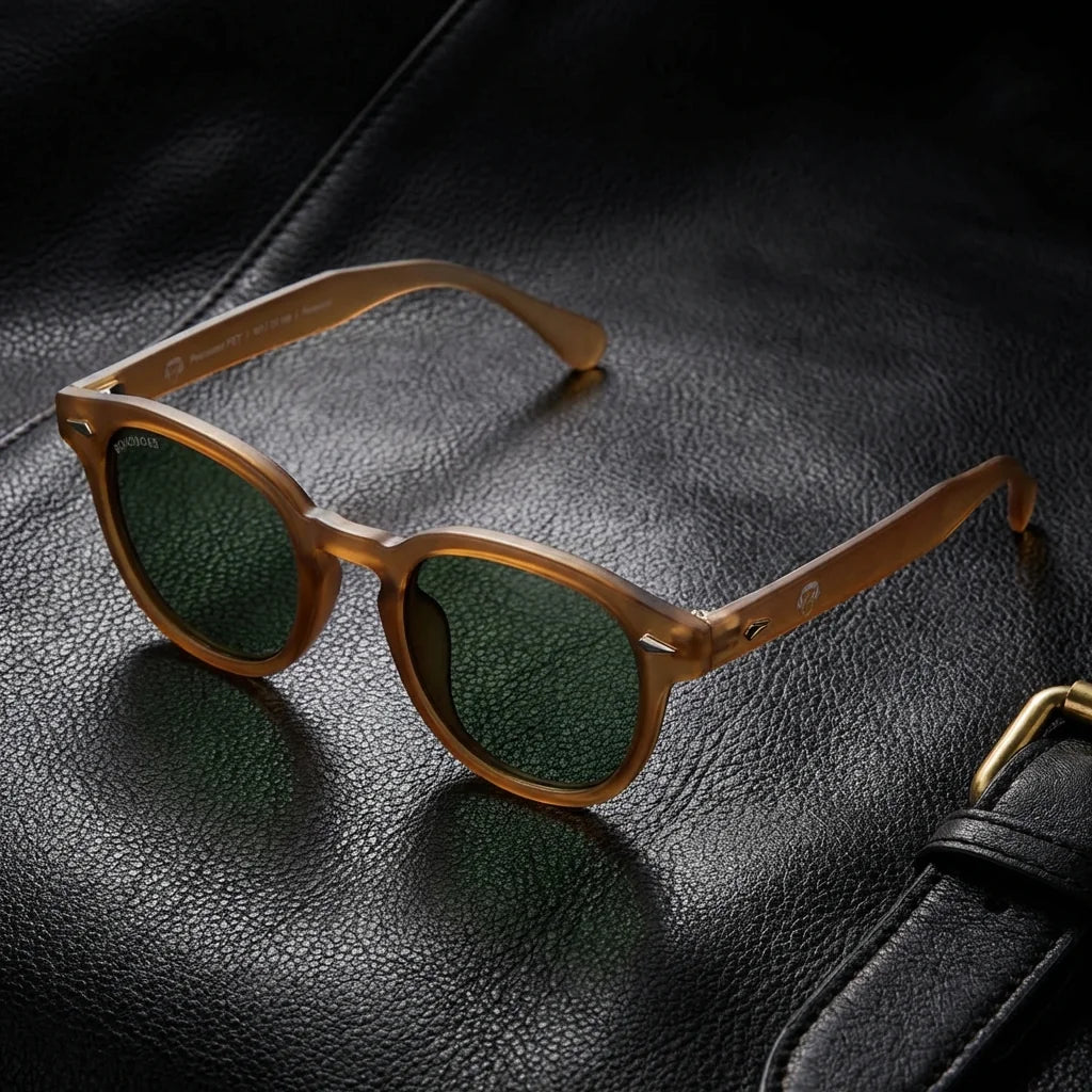 Lentes sol Waimea polarizados RPET reciclado del oceano brown sobre cuero negro con detalle brass premium Bonoboss #editorial_grid1 #color_brown