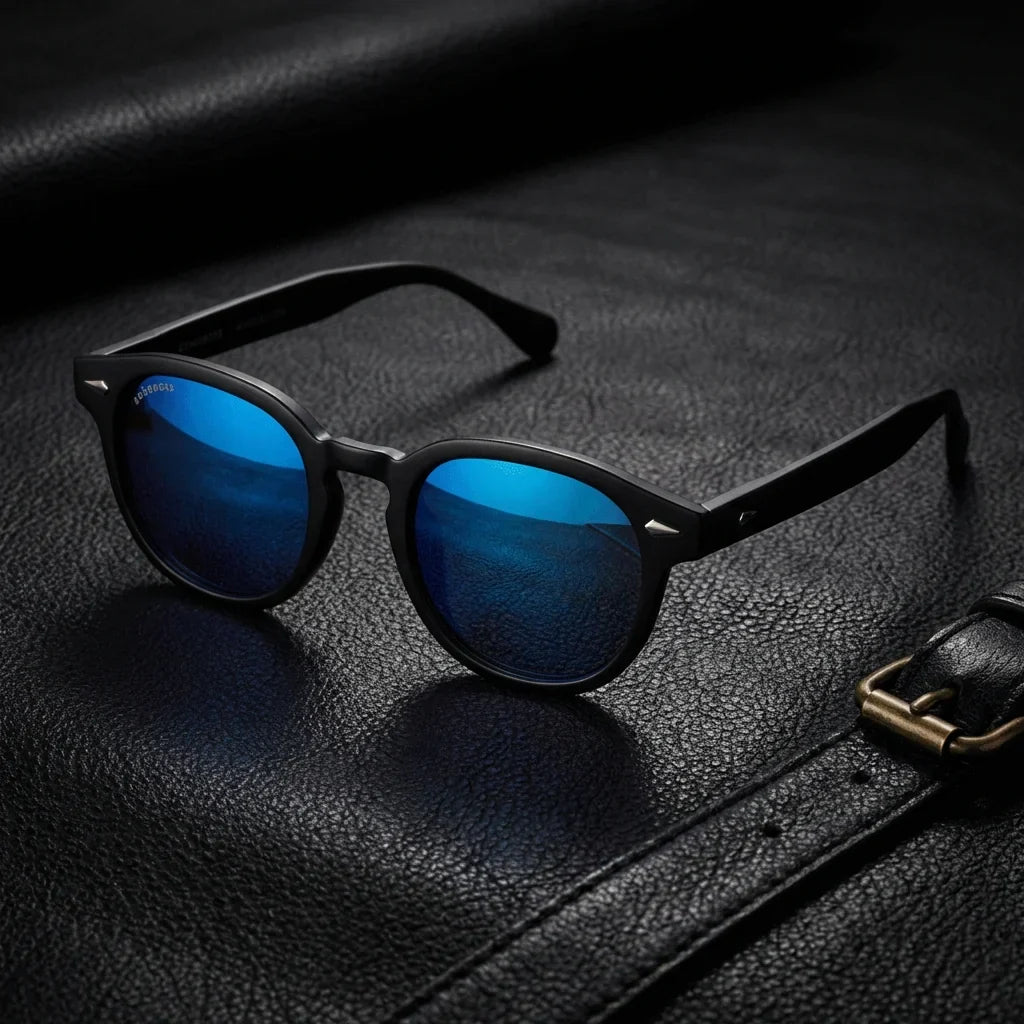 Lentes sol Waimea polarizados RPET reciclado del oceano dark sky sobre cuero negro con detalle brass premium Bonoboss #editorial_grid1 #color_espejado-azul