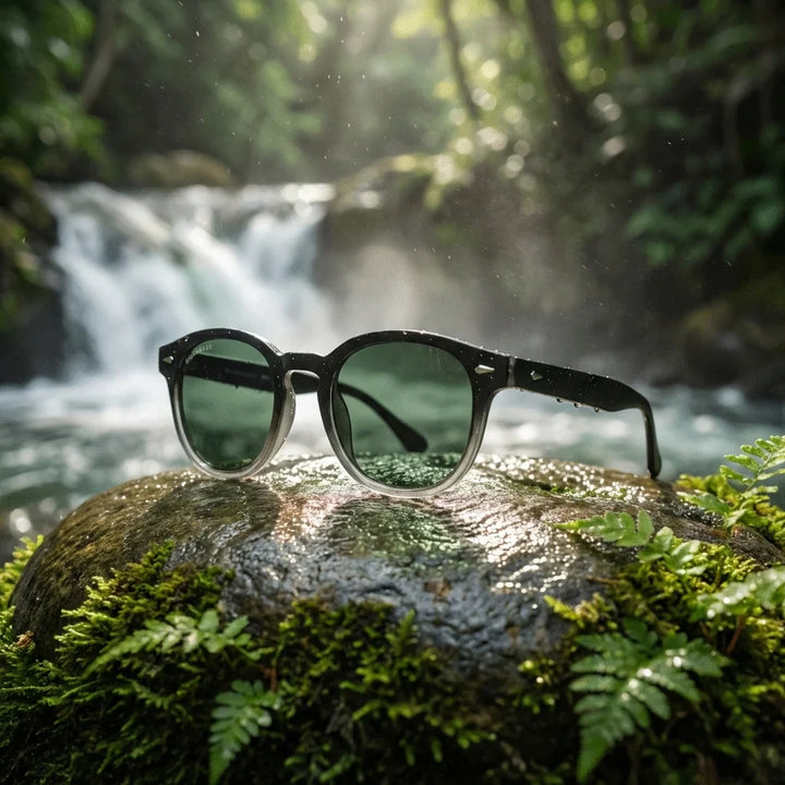 Lentes sol Waimea polarizados RPET reciclado del oceano lente G15 verde en naturaleza junto a cascada sustentable Bonoboss #editorial_sustentabilidad #color_g15