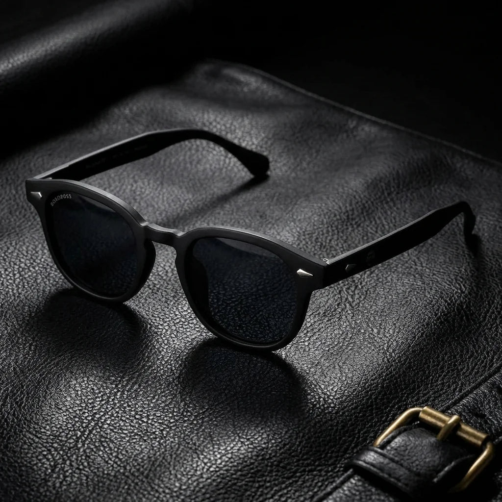 Lentes sol Waimea polarizados RPET reciclado del oceano negro sobre cuero negro con detalle brass premium Bonoboss #editorial_grid1 #color_negro