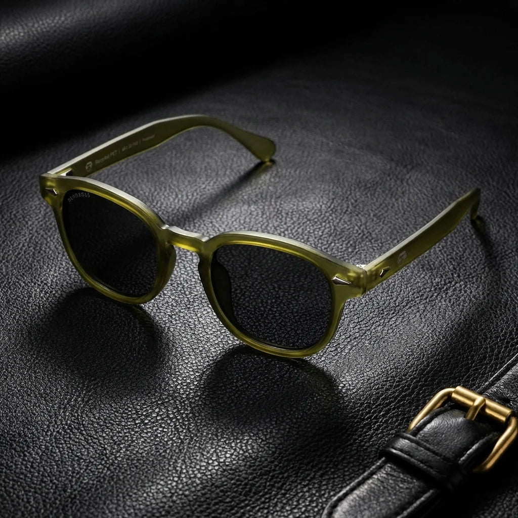 Lentes sol Waimea polarizados RPET reciclado del oceano olive sobre cuero negro con detalle brass premium Bonoboss #editorial_grid1 #color_olive