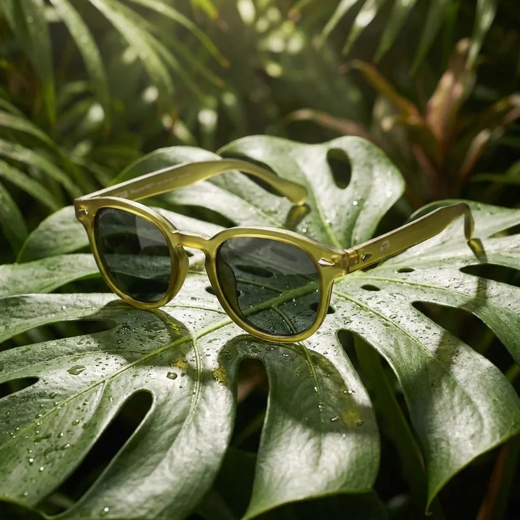 Lentes sol Waimea polarizados RPET reciclado del oceano olive sobre hoja monstera tropical naturaleza Bonoboss #editorial_grid2 #color_olive