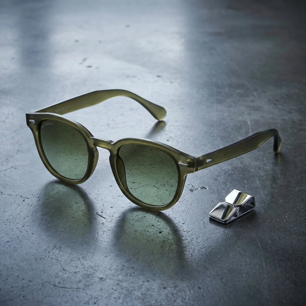 Lentes sol Waimea RPET polarizados UV400 marco reciclado del océano olive light sobre concreto urbano estilo minimalista Bonoboss #editorial_detail1 #color_olive-light