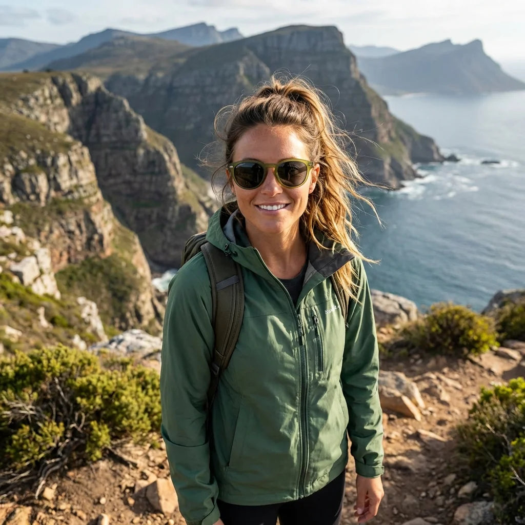 Mujer aventurera usando lentes sol Waimea RPET polarizados olive en naturaleza outdoor sustentable Bonoboss #editorial_sustentabilidad #color_olive