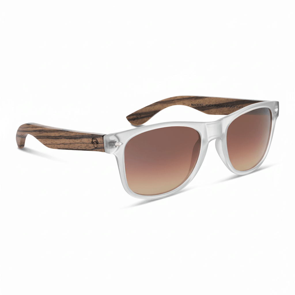 anteojos de sol polarizados de plastico reciclado regalo corporativo de color transparente y cristales espejados vista angulada con patas de madera natural con lentes de color cafe #color-marco_transparente