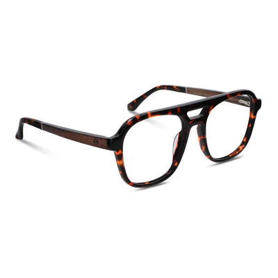 anteojos opticos para hombre y mujer diseño aviador color carey con patas de madera reciclada sustentable vista lateral. Mayorista de opticas y distribuidor por mayor