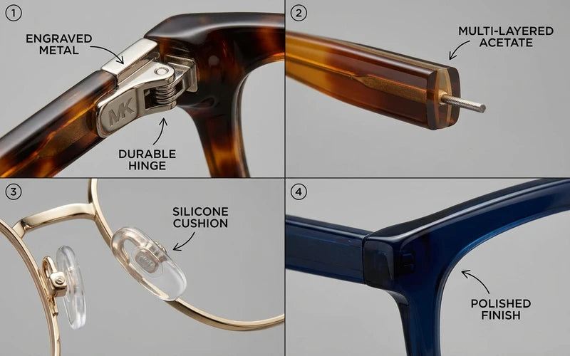 Detalle de calidad y materiales de lentes ópticos Michael Kors mostrando bisagras acetato y acabados metálicos