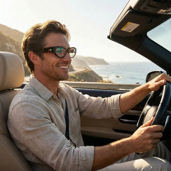 Lentes opticos Milan Carey hombre conduciendo proteccion visual antirreflex receta optica bio-acetato Bonoboss #editorial_hombre-driving #color_carey