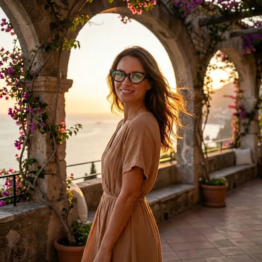 Lentes opticos Milan Carey mujer golden hour atardecer elegancia antirreflex receta optica bio-acetato Bonoboss #editorial_mujer-golden-hour #color_carey