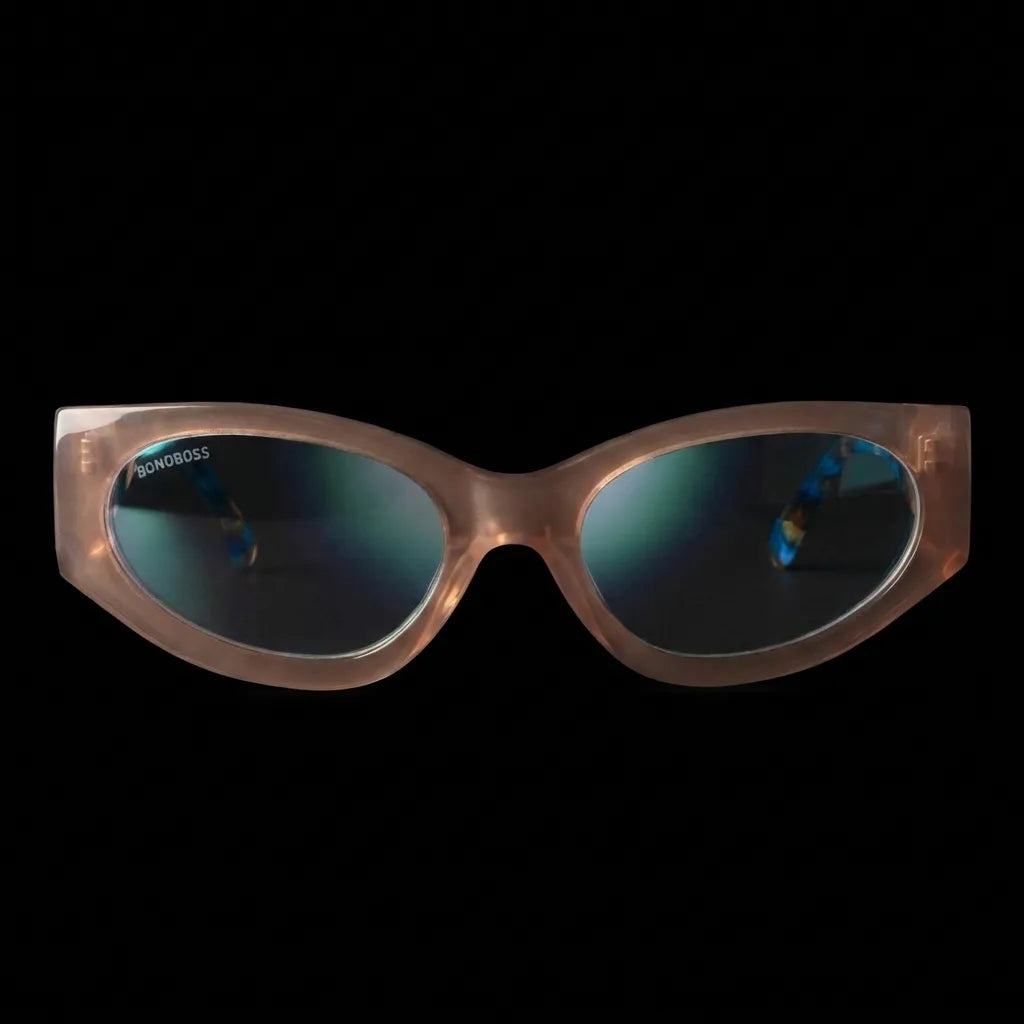 Lentes opticos Milan Peach vista frontal dramatica iluminacion antirreflex receta optica bio-acetato Bonoboss #editorial_frontal-dramatico #color_peach
