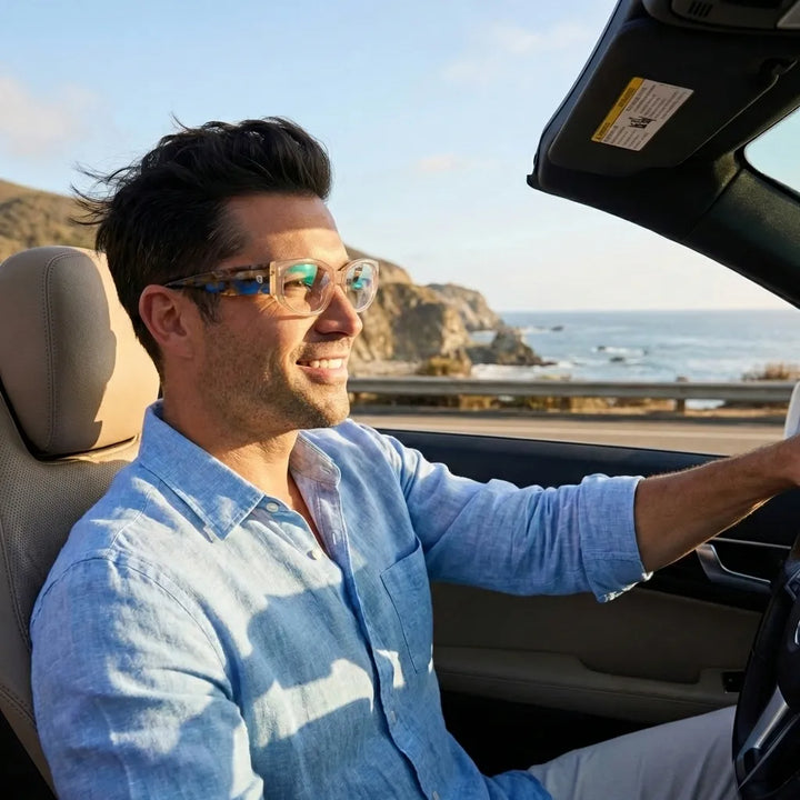 Lentes opticos Milan Peach hombre conduciendo proteccion visual antirreflex receta optica bio-acetato Bonoboss #editorial_hombre-driving #color_peach