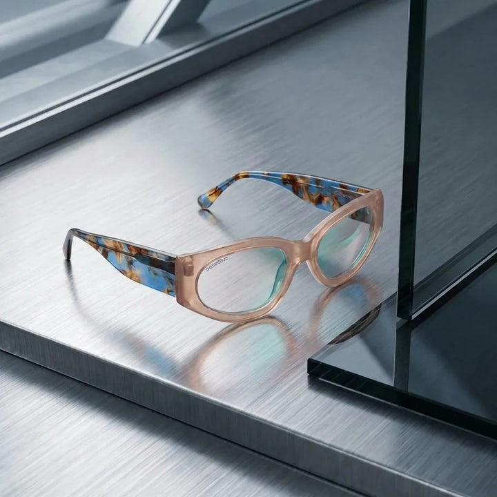 Lentes opticos Milan Peach sobre metal cepillado industrial antirreflex receta optica bio-acetato Bonoboss #editorial_metal-brushed #color_peach