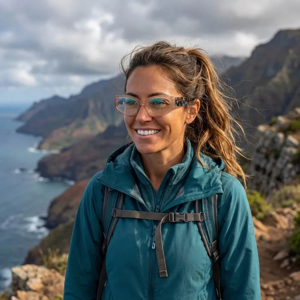 Lentes opticos Milan Peach mujer aventura outdoor sendero antirreflex receta optica bio-acetato Bonoboss #editorial_mujer-aventura #color_peach