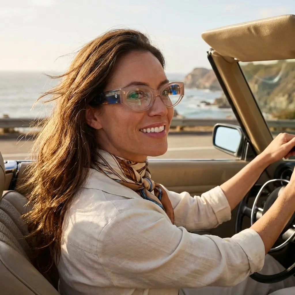 Lentes opticos Milan Peach mujer conduciendo proteccion visual antirreflex receta optica bio-acetato Bonoboss #editorial_mujer-driving #color_peach