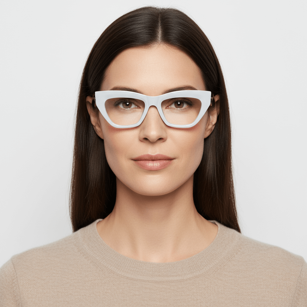 la vista frontal de una mujer de cara ovalada y pelo castañado liso ondulado suelto usando unos marcos armazones opticos bonoboss en acetato sustentable biodegradable y reciclado de #color_blanco